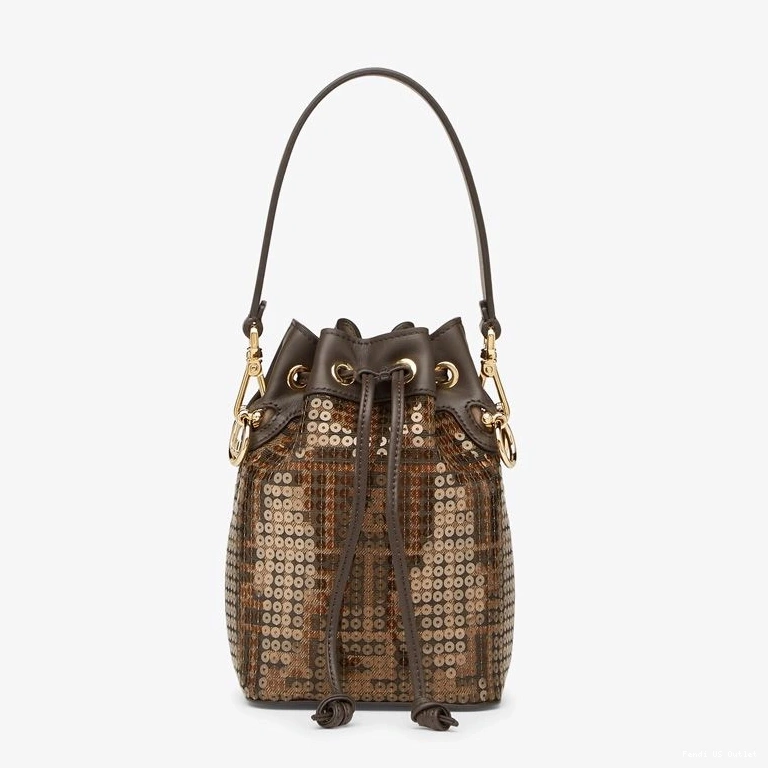 HOT Fendi Bag Motif Tresor Fabric Mon In Brown FF Sequins Mini with Bucket 0712